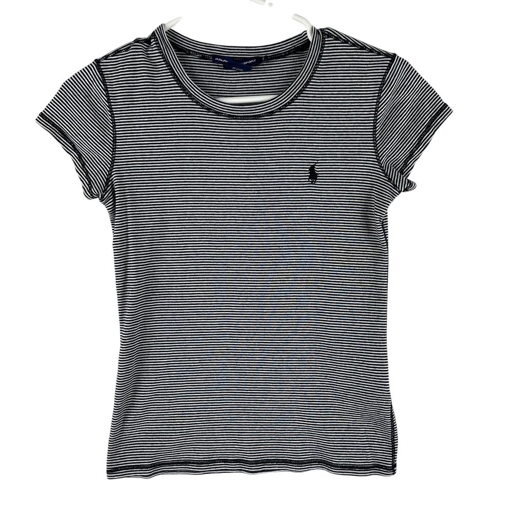 Ralph Lauren Sport WMNS Crewneck T-Shirt SZ S Black/White Micro Strip Pony Logo